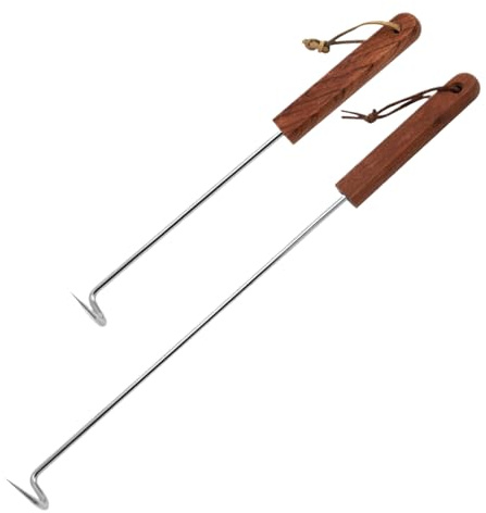 Eoixuqba 4 stycken grillkrokar – 31,8/44 cm BBQ vändbar, grillspade rostfritt stål, grillmatare med trähandtag, grillkrok för grillning, grilltillbehör för camping grillning
