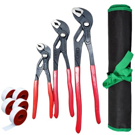 3-teilig Wasserpumpenzangen-Satz 175/250/300 mm Wasserpumpen Zangen-Sets mit Aufbewahrungsbeutel 5 Rollen Rohmaterialband Rohrzange verstellbar mit Rillen-Gleitgelenk Rohrwerkzeuge mit Backenöffnung