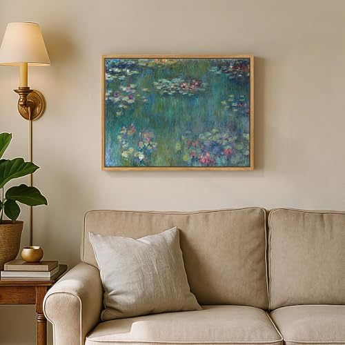 Framed Monet Water Lilies Canvas Wall Art, Vintage Impressionist Botanical Painting Print, Nature Floral Aesthetic Pictures for Bathroom Bedroom Living Room Office Wall Decor, 12x16 Inch
