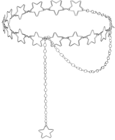 APLZGMG Women's Star Waist Chain Belt, Adjustable Metal Body Chain Jewelry, Silver Belly Chains for Dresses, Jeans & Y2K Goth Outfits, Silver Star Belt (Long Tassel Design)
