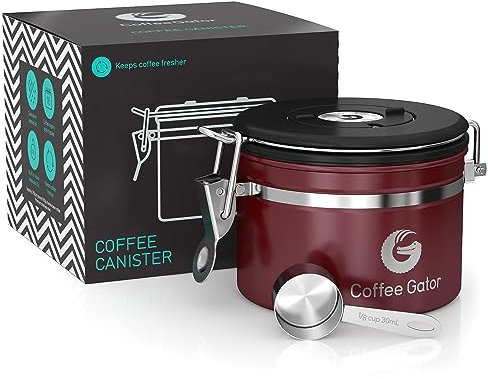 Coffee Gator Contenitore in acciaio inox per fondi e chicchi di caffè con date-tracker, valvola a rilascio di CO2 e misurino, piccolo, rosso