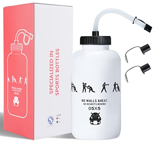 SHOKE Wasserflasche mit langem Strohhalm, 1 Liter, Quetsch-Wasserflaschen für Hockey, Fußball, Baseball, Lacrosse, Radfahren, BPA-frei, auslaufsicher, Sport-Trinkflaschen, 900 ml, Weiß