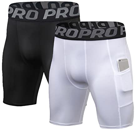 LANBAOSI 2-3er Pack Herren Kompressionsshorts mit Tasche Laufen Fitnessstudio Sportliche Strumpfhose Baselayer Sommer Schnell Trocknende Sporthose