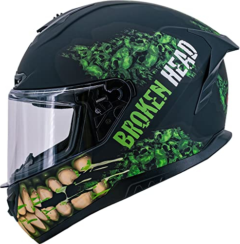 Broken Head Broken Skull Green Grinder Motorradhelm - Integralhelm Schwarz-Grün (XL (61-62 cm))