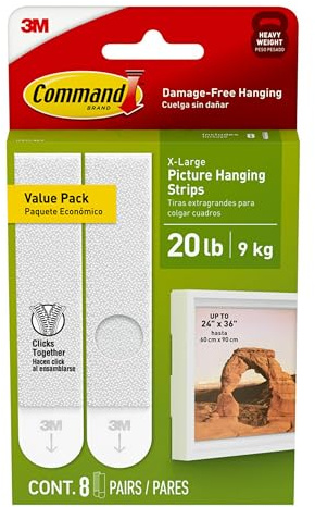 Command 20 lb XL 8 Pairs Heavyweight Picture Hanging Strips (16 Strips), Damage-Free Hangers for Picture Frames, No Tools Required, Ideal for Home Room Wall Decor, White Adhesive