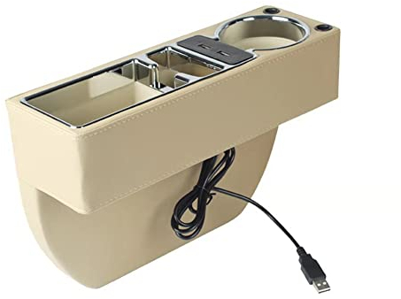 Autositz Lückenfüller, MoreChioce PU Leder Autositz Lücken Organizer Multifunktionale Vordersitz Autokonsolen Seiten Organizer Autositz Aufbewahrungsbox Getränkehalter,Beige USB-Stil