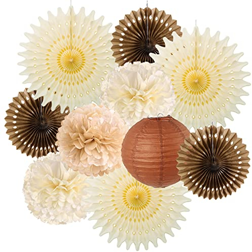 Easy Joy Beige Braun Weiß Pompons 10er-Set, Vintage Boho Beige Creme Neutral Party Deko, Lampions Seidenpapier Pompoms Papier Fächer für Geburtstagsdeko Hochzeitsdeko Vintage Babyparty Deko Beige
