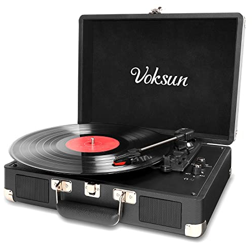 VOKSUN Platine Vinyle, Bluetooth Tourne Disque Rétro Portable avec 2 Haut-parleurs Stéréo Intégrés, 3 Vitesses 33/45/78 TR/Min Platine Vinyle Encodage du Vinyle au MP3, SD/USB/Aux Entrée (Noir)