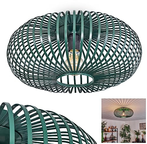 Deckenleuchte Oravi, runde Deckenlampe aus Metall in Grün, Retro-Leuchte mit Lichteffekt durch Gitter-Optik, Ø 40,5 cm, 1-flammig, E27-Fassung. ohne Leuchtmittel