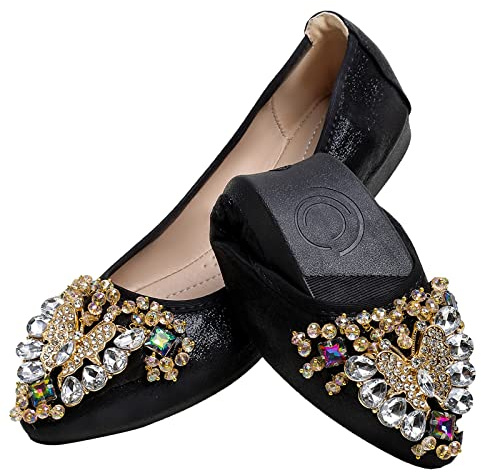 WAMBHC Black Flats Shoes for Women Bow Rhinestone Pointed Toe Wedding Flats - Foldable Ballet Flat Slip on Flats for Women Dress Comfort - Size 12