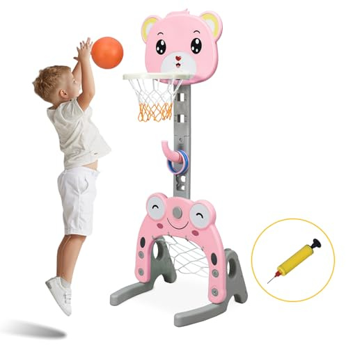 COSTWAY Panier de Basket Enfants 3 en 1 avec Hauteur Ajustable 133-158cm, Support de Basket Solide avec Motif de Ours et Grenouille, Anneau Amovible, But de Football Intérieur et Extérieur (Rose)