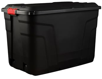 Strata Heavy Duty Large Storage Box with Lid, 190L, Lockable, Indoor/Outdoor. Black Box with Red Handles, Wheels