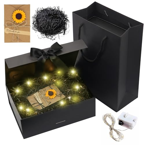 Forhandy Geschenkbox Mit Schleife, Geschenkbox mit Deckel L,Geschenk Box+Tasche+Farbband+Licht,Magnetische Geschenkkarton,Geschenkschachtel Geschenkverpackung Box,für Hochzeit Geburtstag (Schwarz, L)