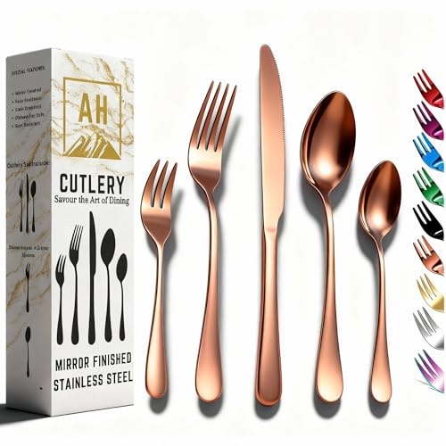 Cutlery Set in Rose Gold Colour, 20-Piece Set Service for 4, Premium Mirror Finish Tableware, Stainless Steel Flatware Serving Set, Dishwasher Safe, Easy to Clean Forks, Knives, & Spoons