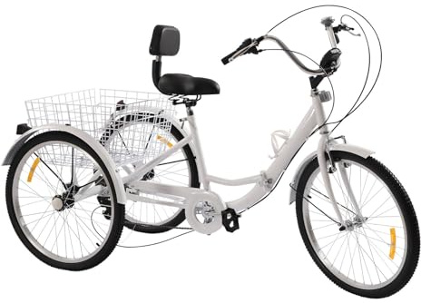 Trehjuling vuxen cykel med LED-ljus grönsakskorg vikbar korg cykel lastcykel hjul seniorer trike stabil trekantig struktur cykling bekväm 60 cm 3 hjul 7 växlar (vit)