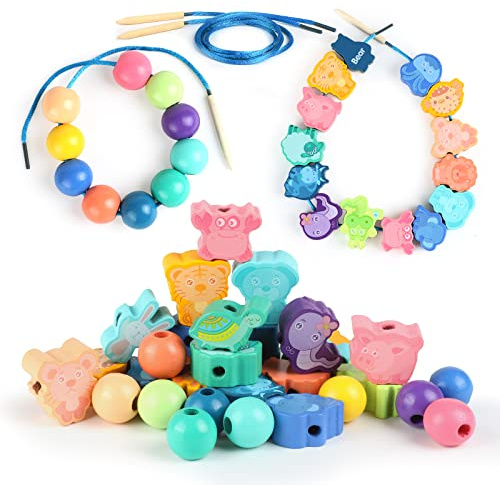 TRUEIN 32 Pcs Montessori Threading Toys, Wooden Lacing Beads Toys for 2 3 4 5 Year Olds Kids, Preschool Activities Wooden Educational Toys Toddler Threading Beads Gifts For Toddlers Boys Girls