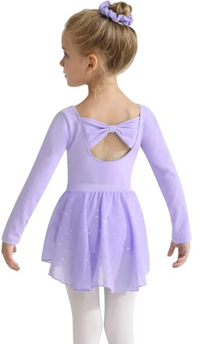 Naiyafly Girls Ballet Dress Kids Dance Leotard Costume Toddler Long Sleeve Ballet Dance Dress Outfit Gymnastics Dance Leotard with Chiffon Skirt