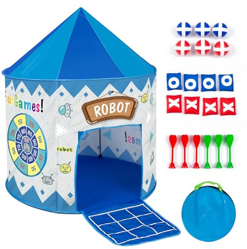 Leogreen Tente de Jeu Enfant Thème Robot, Interactive Cabane Enfant pour Intérieur & Extérieur, avec Fléchettes, Balles, Morpion Jeux, Pliable avec Sac de Transport, Cadeau Garçon Fille