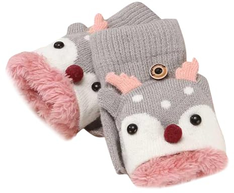 Handschuhe & Fäustlinge für Jungen Mädchen, Niedliche Kinder Fingerlose Handschuhe Strickhandschuhe mit Klappe, Plüsch Warme Cartoon Weihnachten Winterhandschuhe, Halbfinger Fäustlinge für Alter 2-6