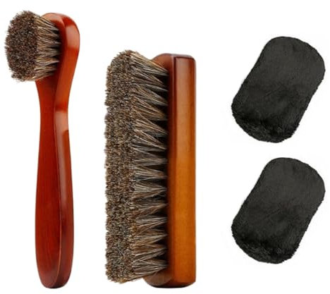 DXPETA 4PCS Non-Slip Sturdy Horse Hair Shoe Boot Brush Set, Wooden Handle, Brown, Cleaning Kit, Shoe Brush, Gloves, Furniture, Car Upholstery for Leather Products