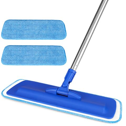 17.5 Professional Microfiber Floor Cleaning Mop, Flat Mop with Stainless Steel Handle, 2 Reusable Washable Pads, Wet and Dust Mopping for Hardwood, Vinyl, Laminate, Tile Cleaning (Blue)