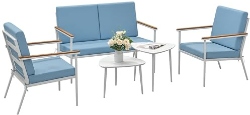 Outsunny Set Salotto da Giardino da 5 Pezzi con Divanetto 2 Posti Azzurro