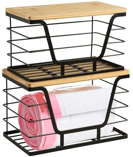 YUWHFEI Stackable Kitchen Organiser, Under Sink Storage, Spice Rack Set of 2, Kitchen Storage & Organisation, Metal Bamboo Cupboard Shelf Organiser, Bin Bags Dispenser, for Pantry, Laundry