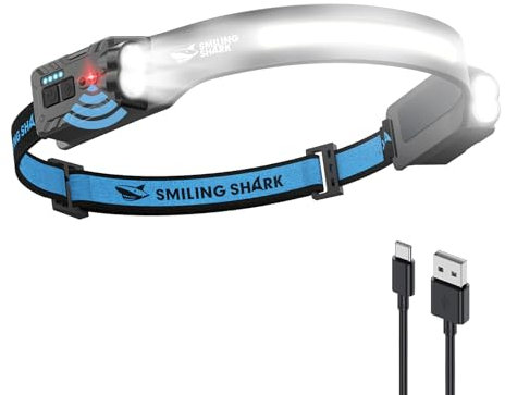 Smiling Shark Kopflampe, 2400mAh Ultra-Helle Wiederaufladbare Headlamp Weißes Licht & 2*Scheinwerfer Mit Bewegungsmelder Multi-Mode LED Stirnlampe mit 315°Drehfunktion für Outdoor Camping Wandern