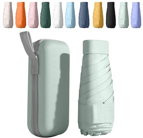 BICUIYIT Mini hopfällbart reseparaply – UV-skydd UPF 50+ solskydd, bärbart regn- och solparaply för daglig användning, miljövänligt tyg plånbok paraply för pendlare