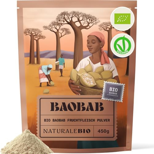NaturaleBio Baobab biologico in polvere 450g. Superfood ricco di fibre e vitamina C. Polpa cruda di baobab africano. Vegano, non OGM.
