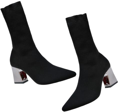 COOPHYA Botines de Mujer Invierno Tacón Grueso Punta Puntiaguda Tela Elástica y Diseño Tipo Calcetín Talla 40 Color Negro Botines Cómodos para Otoño y Uso Diario