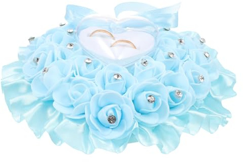 SUPVOX Almohada para Anillo de Boda Forma Corazón Color Azul Agua Espuma Segura y Decoración de Gemas de Imitación para Ceremonia, Caja Cojín para Anillos Novios y Alianzas de Compromiso