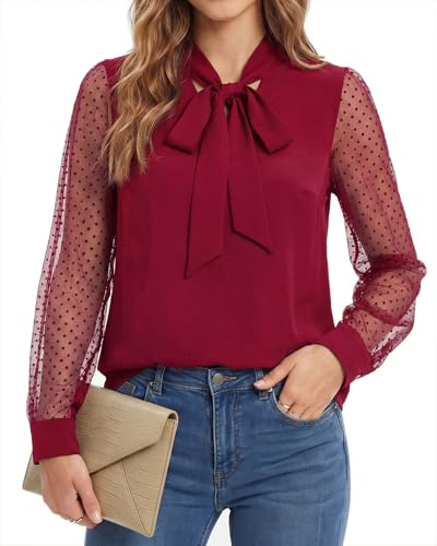 Arach&Cloz Blouses for Women UK Ladies Elegant Bow Tie Office Casual Work Tops Long Mesh Sleeve Shirts with Swiss Dots