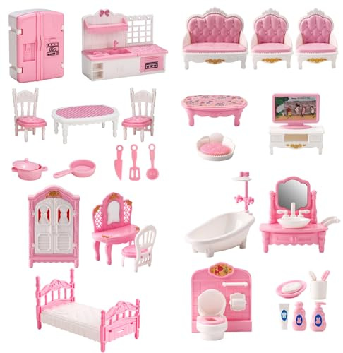 4 Ensembles de Meubles de Maison poupée en Plastique réaliste pour Enfants, Comprenant Cuisine, Chambre à Coucher, Salle Bain, Salon, kit Bricolage, Accessoires Maison poupée