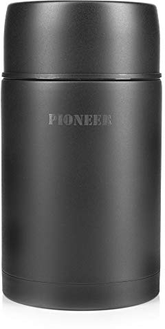 Pioneer Flasche mit Vakuumisolierung, auslaufsichere Flasche für Suppen und andere Lebensmittel, edelstahl, Schwarz , 1000ml / 1L