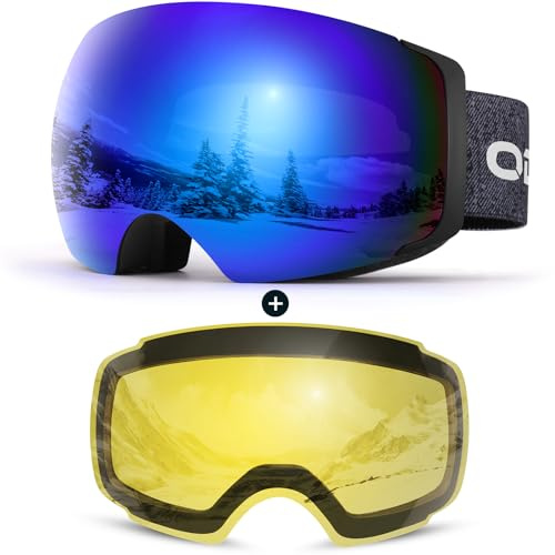 Odoland Magnetic Interchangeable Ski Goggles with 2 Lens, Large Spherical Frameless Snow Snowboard Goggles for Men Women, Black Frame Blue Lens vlt 15%