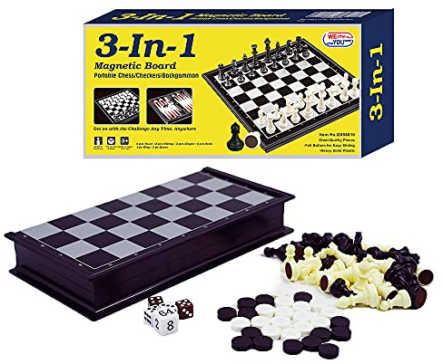 WEofferwhatYOUwant Scacchiera Magnetica 3-in-1 – Scacchi, Dama e Backgammon – Tavola Pieghevole 25 cm con Pezzi in Plastica con Feltro, Gioco Educativo Portatile per Bambini, Adulti e Famiglia