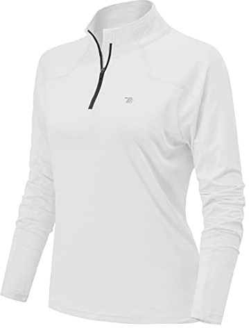 YSENTO Damen Laufshirt Langarm Sportshirt Schnelltrocknend Atmungsaktiv Yoga Gym Funktionsshirt mit 1/4 Reißverschluss(Weiß,M)