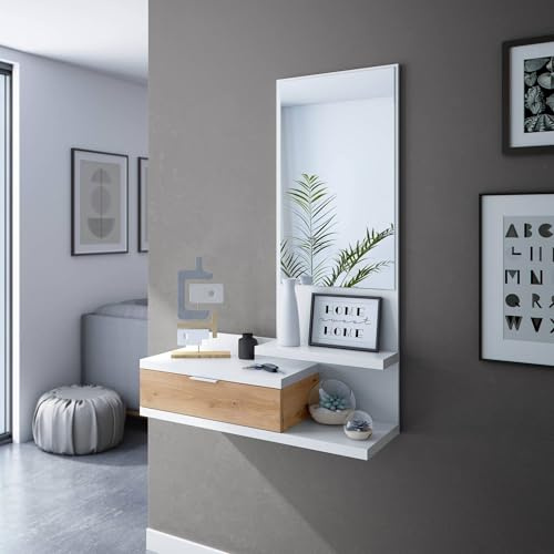 Dmora - Entrance unit Tijuana, Hallway with mirror, Hallway furniture with drawer, Pocket emptiers for small apartments, 81x29h116 cm, White and oak knots