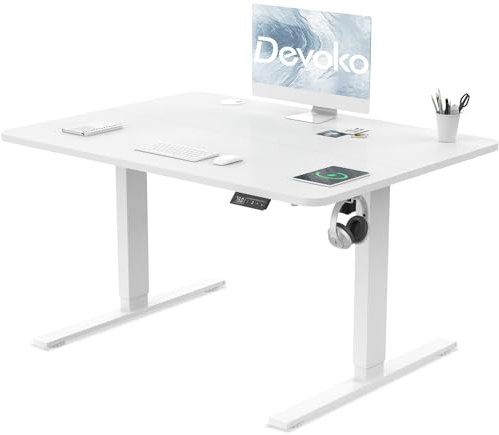 Devoko Electric Standing Desk 100x60cm Sit Stand Table Height Adjustable Desk with Backpack Hook and Memory Smart Pannel, Home OfficeTable with Splice Board, White
