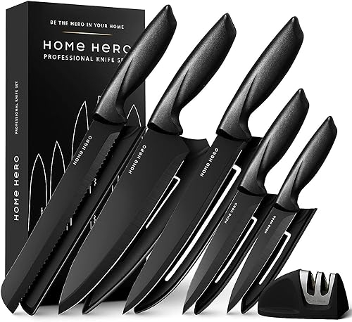 Home Hero Messerset mit Messerschärfer - Scharfe Küchenmesser Set - Messerblock Kochmesser Set Edelstahl Messer Set (11 Stück mit Scheide - Schwarz)