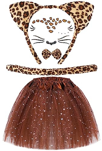 Hifot 5 pièces Déguisement Chat Fille, Tutu Jupe Léopard Bandeau Queue Noeud Papillon,Costume de Animaux Enfant Chat Léopard pour fête Halloween Carnaval Déguisement