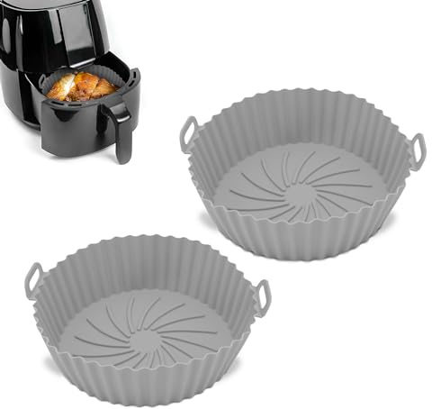 Q Lines® Silicone Air Fryer Liner Round - 2 Pack Reusable Heat-Resistant Pot - Replacement for Disposable Parchment Paper Liners, Greaseproof Kitchen Accessories, Compatible with COSORI, Ninja, Tower
