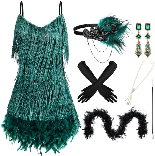 Floraltop 7 Pcs 1920s Flapper Accessories for Women Feather Boa V Neck Dress Earrings Headwear Gloves Necklace(XL,Peacock Green)