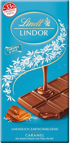 Lindt Schokolade LINDOR Caramel & Salz | 100g Tafel | Vollmilch-Schokolade mit einem Hauch Fleur de Sel und unendlich zartschmelzender Karamell-Füllung | Promotion | Schokoladentafel