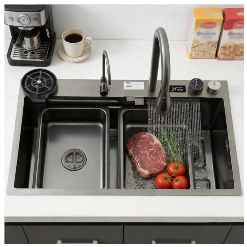KOOGIMDDR 68 x 45 cm multifunktionell diskbänk i rostfritt stål – ett handfat med vattenfalls-nanobeläggning och 3-i-1 utdragbar kran, djup handfat med skärbräda, koppdiskbänk