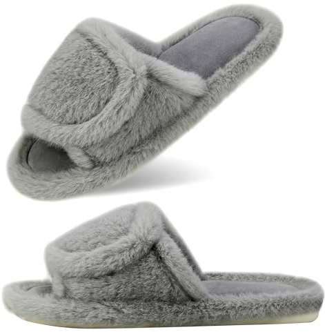 CCSOFTIME Women Fluffy Slippers Wide Fit,Grey Warm Fur Slippers Open Toe Mule Diabetic Memory Foam Slip On Slipper with Adjustable Strap House Shoes for Indoor Bedroom,Grey(UK7/8)