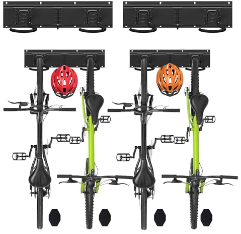 vounot® Support Vélos Mural en Métal pour 4 Vélos + 2 Casques Porte de Rangement avec 4 Coussinets Silicone Anti Taches Crochet Fixation Robuste pour Garage Cave Noir