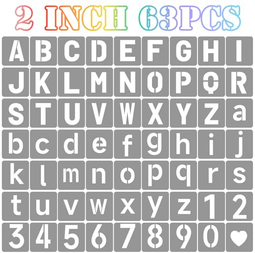 Stencil per lettere da 5 cm, simboli, numeri, stencil per artigianato, 63 pezzi, modelli alfabeto riutilizzabili, kit stencil ad incastro per dipingere su legno, parete, tessuto, roccia, cartello