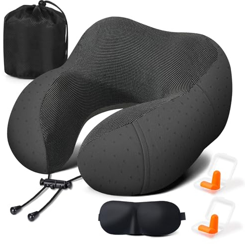Zepphi Almohada de Viaje para Cuello, Cojin Cervical Viaje de Espuma Memoria, Almohada Cuello para Oficina Avión Tren Coche Viajando, Suave y Ajustable, con Máscara de Ojos, Tapones y Bolsa (Negro)